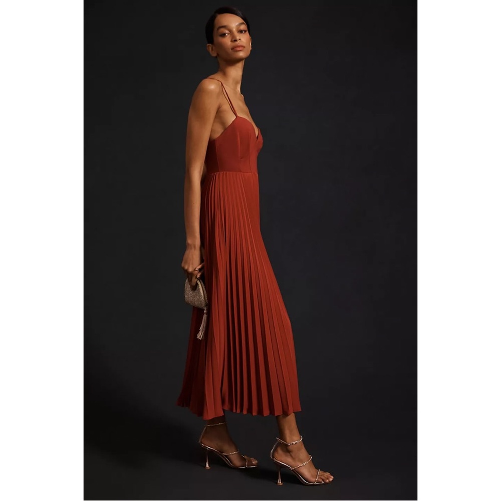Anthropologie Sweetheart Bodice Midi Dress Size Medium Red Accordion Fabric